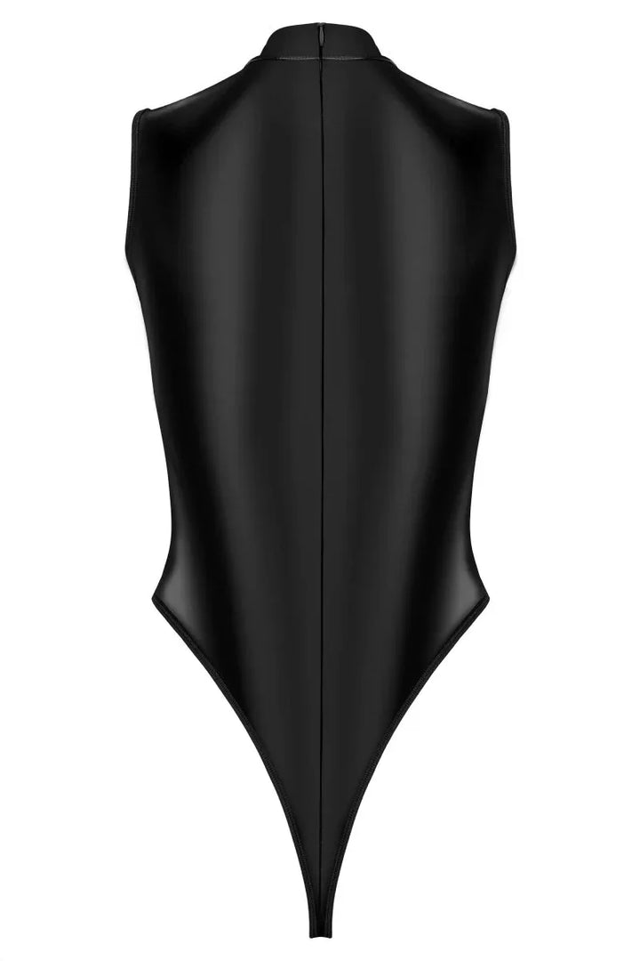 Luipaardkanten zwarte bodysuit met wetlook rug