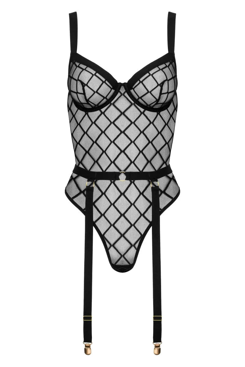 Zwarte mesh body met ruitpatroon en jarretelgordel