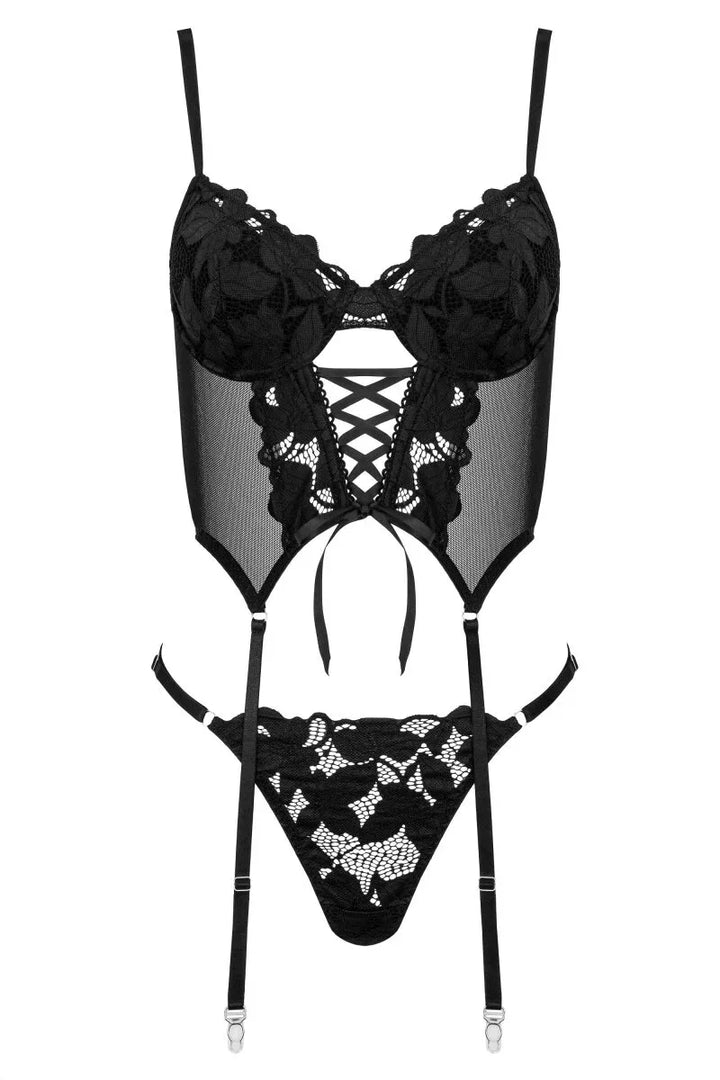 Zwarte jarretelset met string