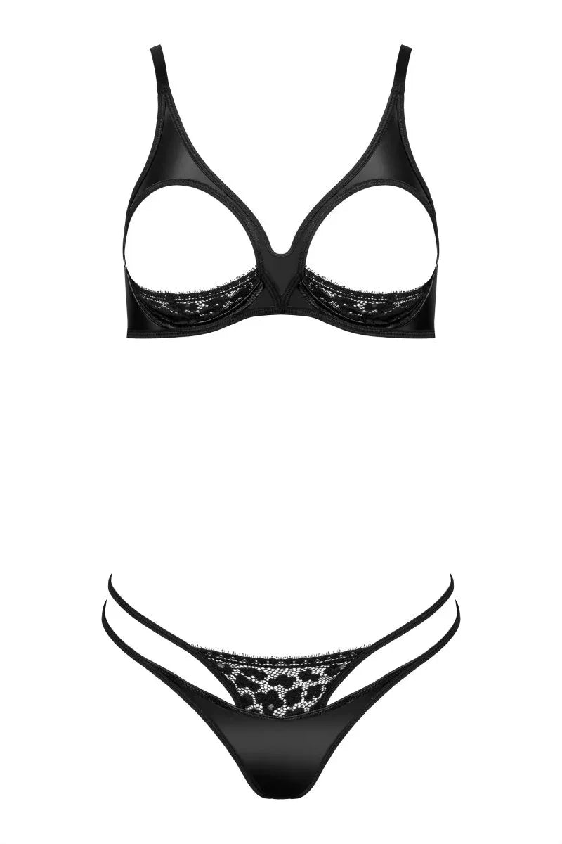 Wetlook en kanten open cup bh set