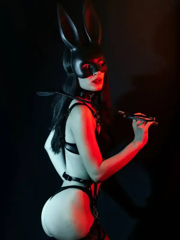 Meesteres met harnas lingerie en zweep SIN&LACE