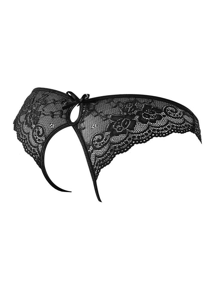 Cottelli kanten slip met open kruis en strikjes zwart