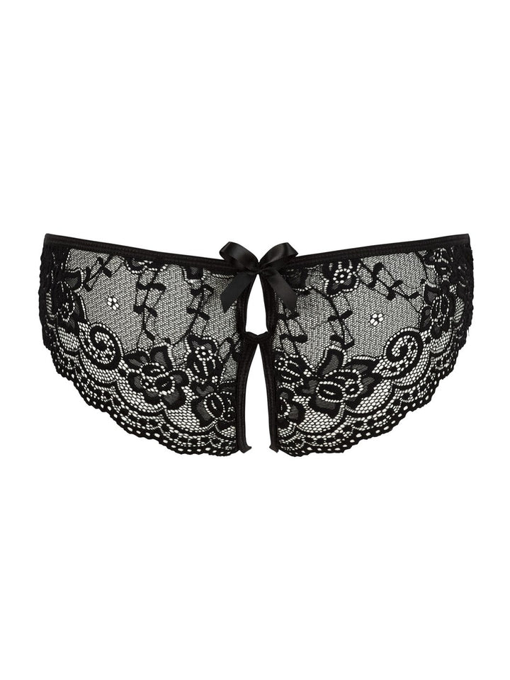 Cottelli kanten slip met open kruis en strikjes zwart