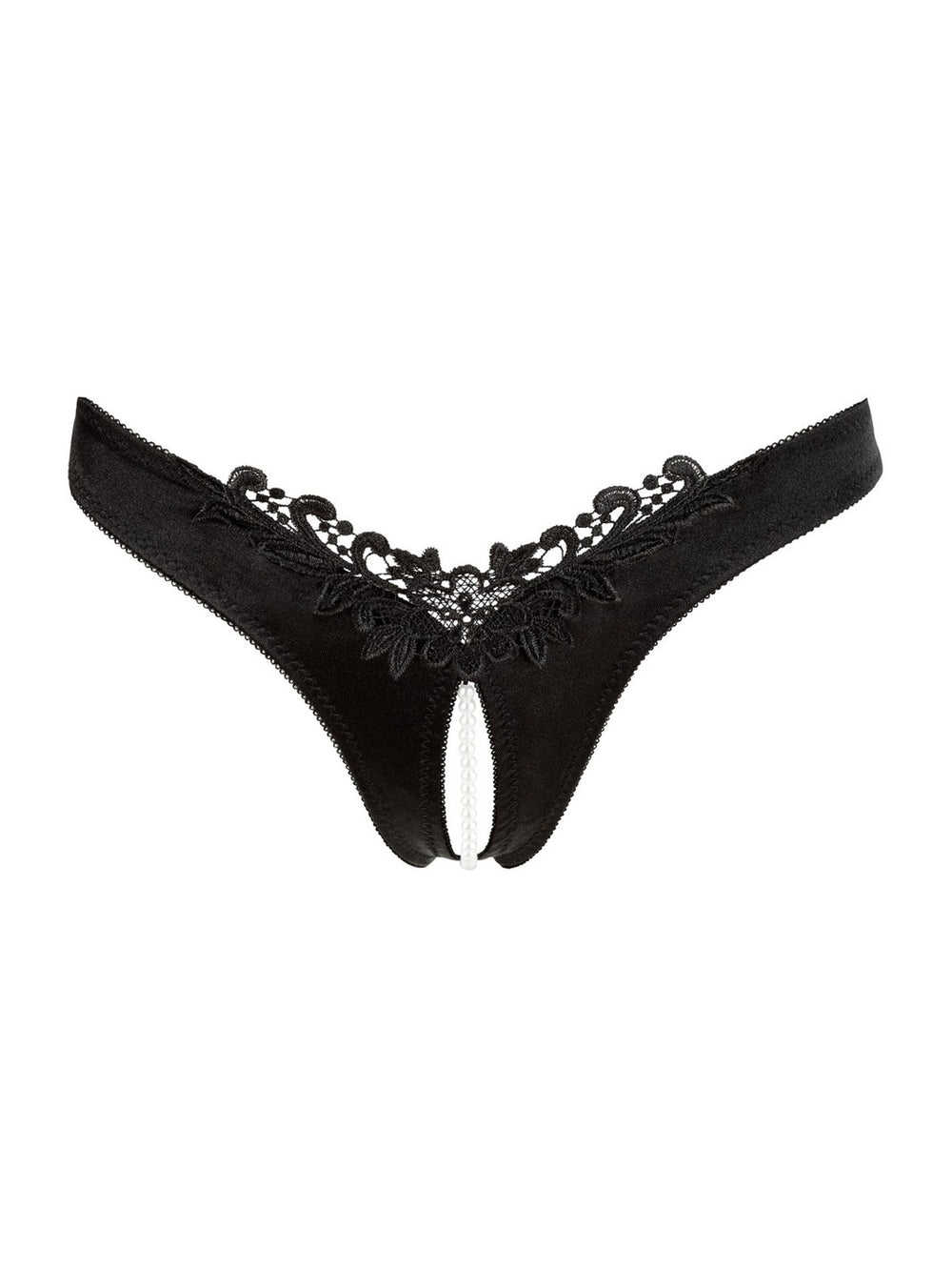 Cottelli satijnen string ouvert met parelketting zwart