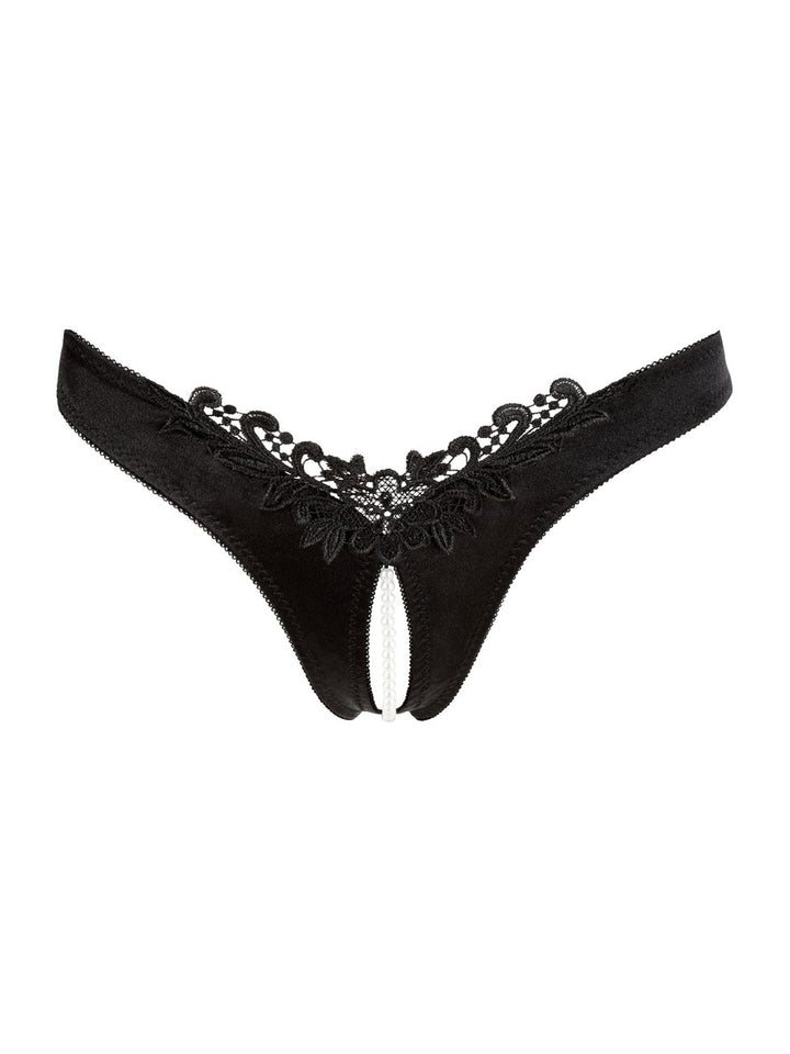 Cottelli satijnen string ouvert met parelketting zwart