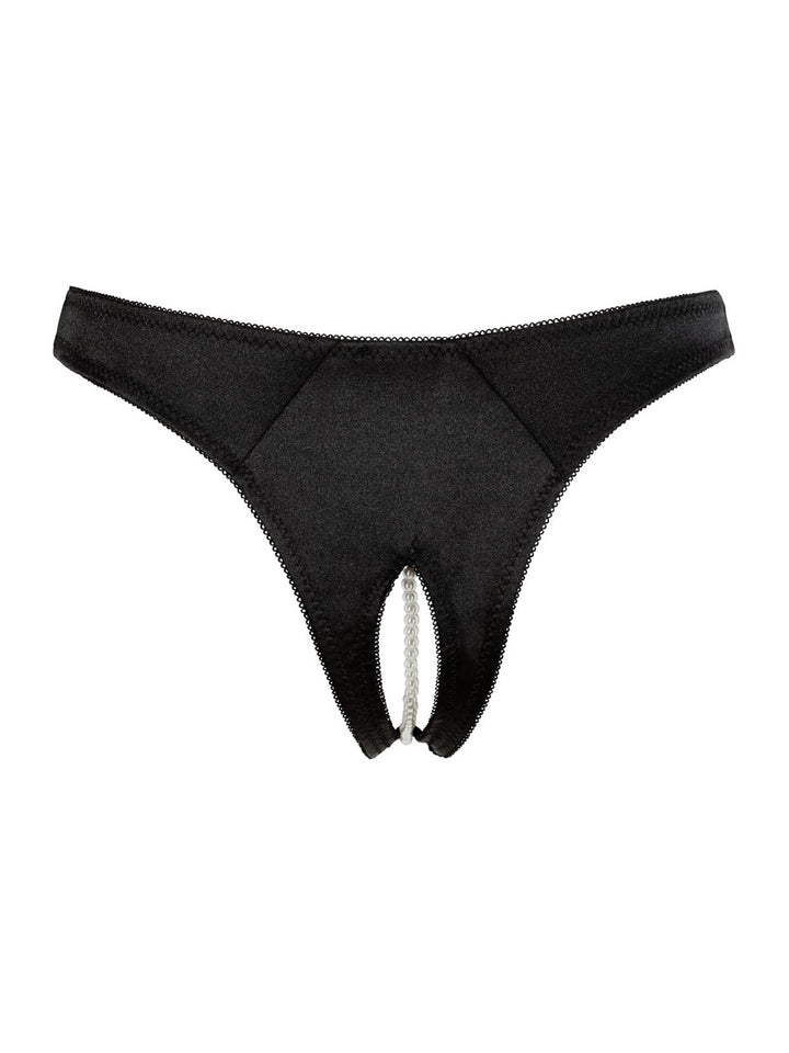 Cottelli satijnen string ouvert met parelketting zwart