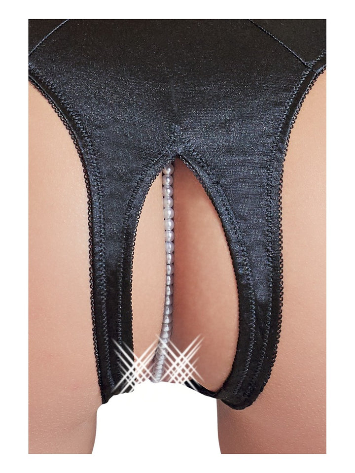Cottelli satijnen string ouvert met parelketting zwart