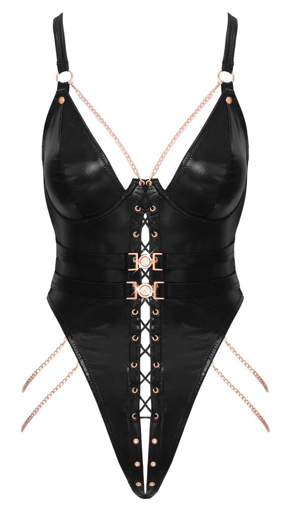 Abierta Fina Wetlook Zwarte body met rosegoud productfoto 6