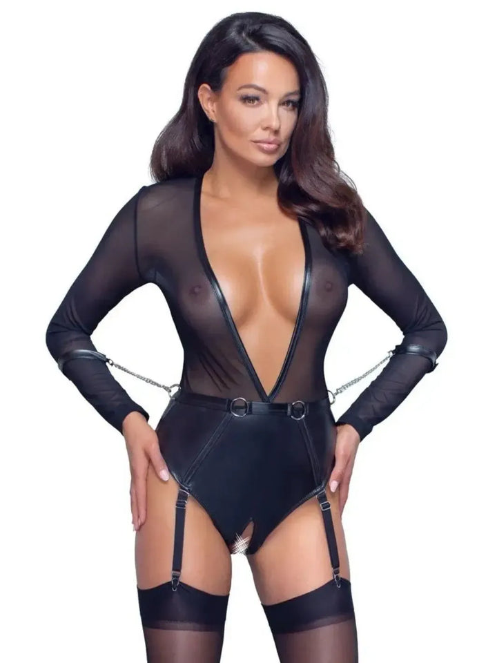 Body Ouvert Zwart met Handboeien | Body - Cottelli BONDAGE | SIN&LACE