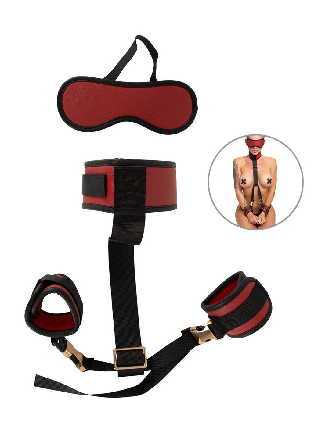 Bad Kitty nek-tot-pols bondage set zwart/rood