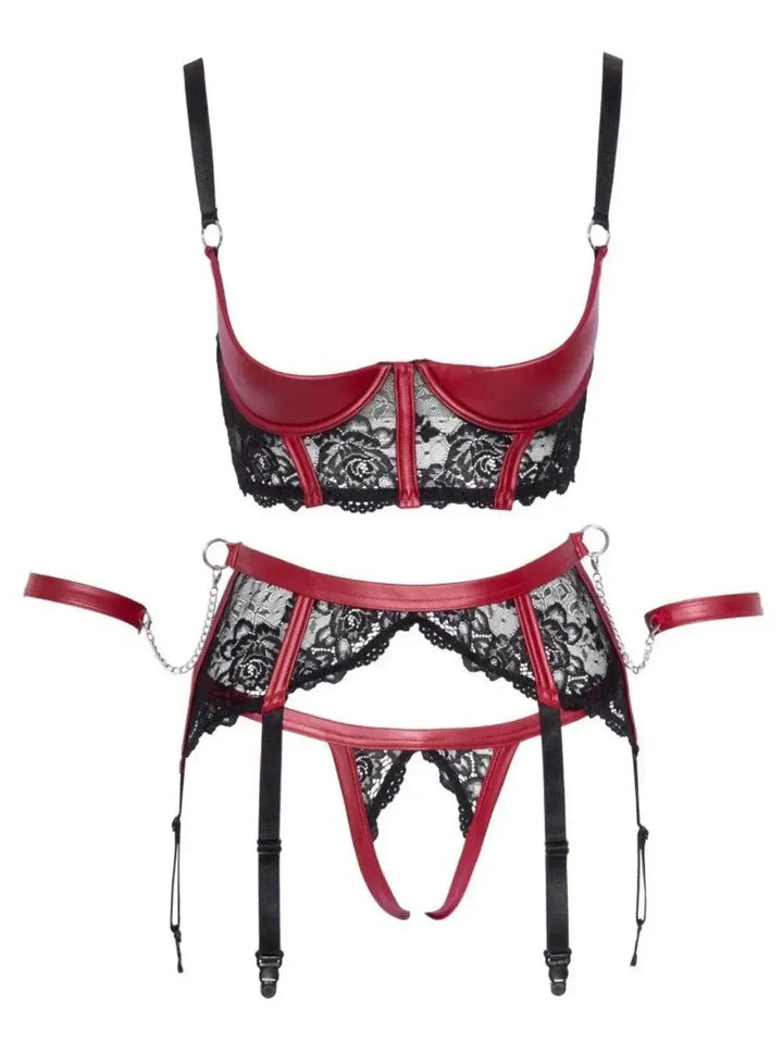 Cottelli Bondage Shelf BH Set Zwart Rood met Restraints | Shelf Bra Set - Cottelli BONDAGE | SIN&LACE
