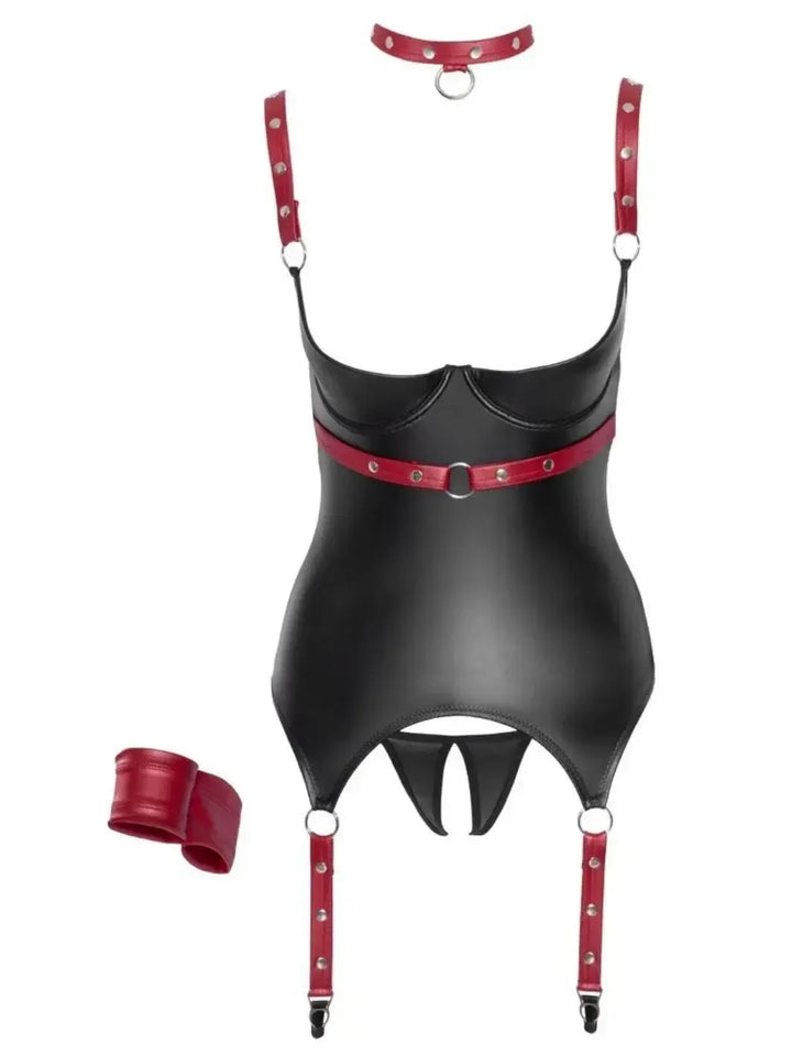 Bondage Wetlook Basque Zwart Rood met Handboeien | Set - Cottelli BONDAGE | SIN&LACE