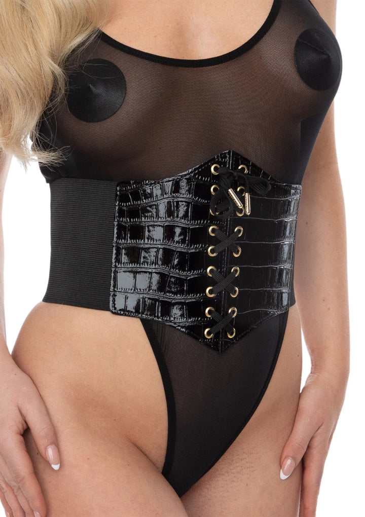 Kinky Diva Croco Front Waist Cincher Harnas Zwart | Harnassen - Kinky Diva | SIN&LACE
