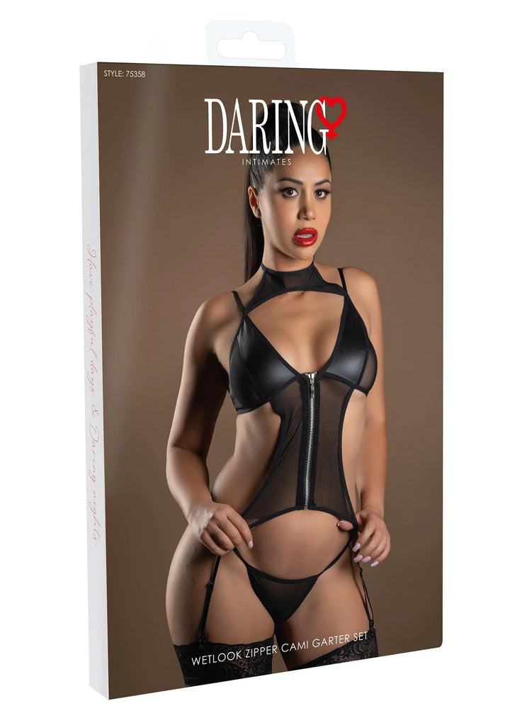 Daring Intimates Wetlook Zipper Cami Garter Set Bodysuit Zwart | Bodysuits - Daring Intimates | SIN&LACE