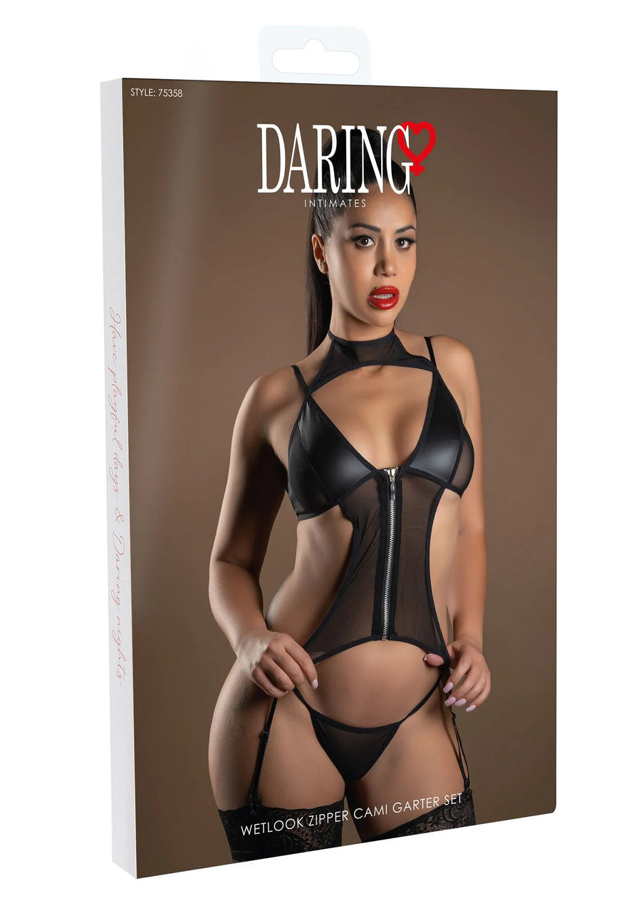 Daring Intimates Wetlook Zipper Cami Garter Set Bodysuit Zwart | bodysuit - Daring Intimates | SIN&LACE