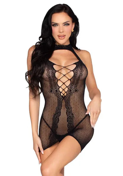 Leg Avenue Dotted net halter mini jurkje | Lingeriejurk - Leg Avenue | SIN&LACE