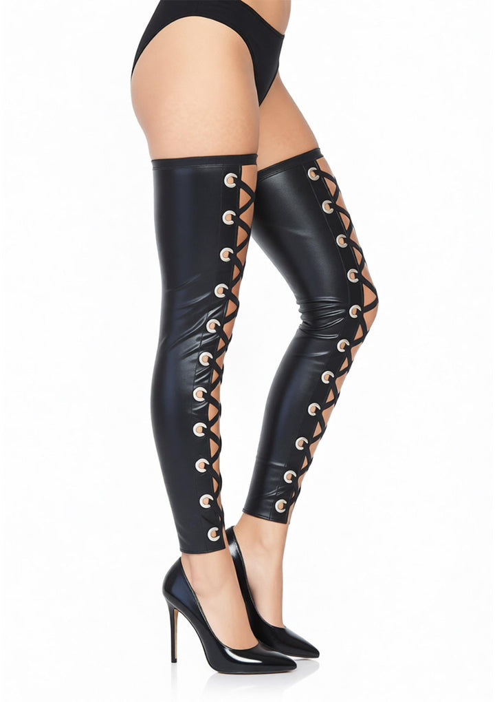Leg Avenue Wetlook Footless Lace Up Thigh Highs
