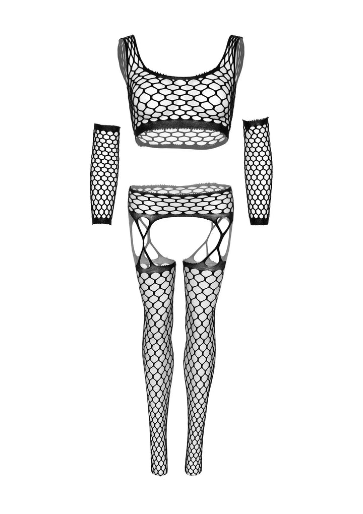 Leg Avenue Net croptop, jarretel Stockings en Gloves Zwart | Bh- & slipsets - Leg Avenue | SIN&LACE