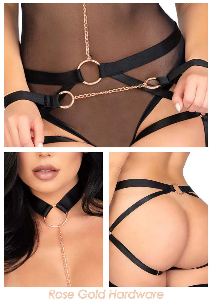 Kink Elastic Butt Harness, Choker and Cuffs Bodysuit Zwart | bodysuit - Kink | SIN&LACE