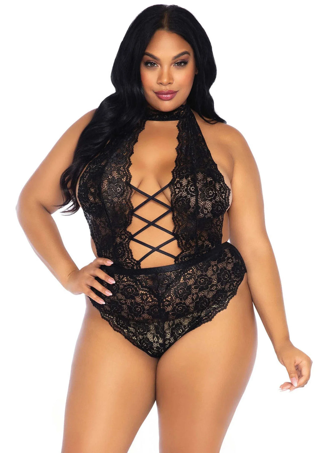 Leg Avenue Plus High Neck Crotchless Bodysuit Zwart | Bodysuits - Leg Avenue | SIN&LACE