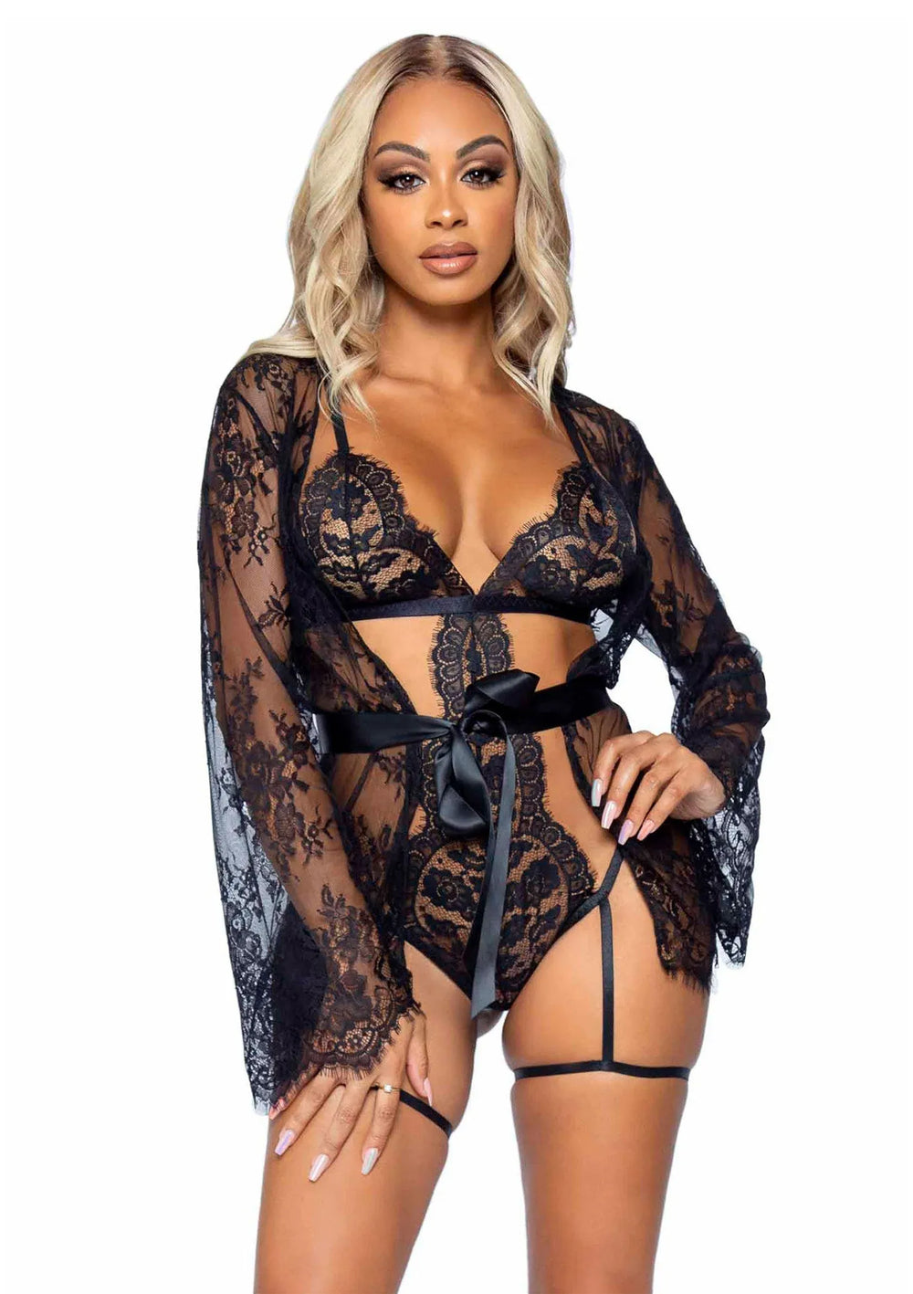 Leg Avenue Garter with String Back and Robe Bodysuit Zwart | Bodysuits - Leg Avenue | SIN&LACE