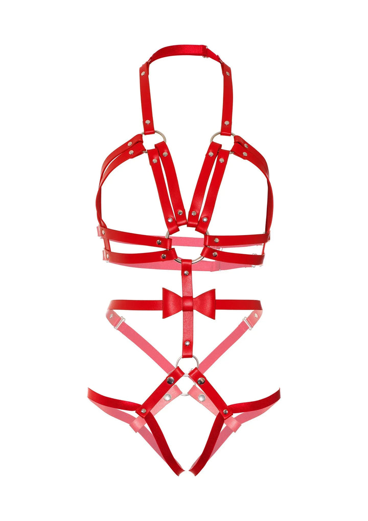 Kink Vegan Leather Harness with Bow Bodysuit Rood | bodysuit - Kink | SIN&LACE