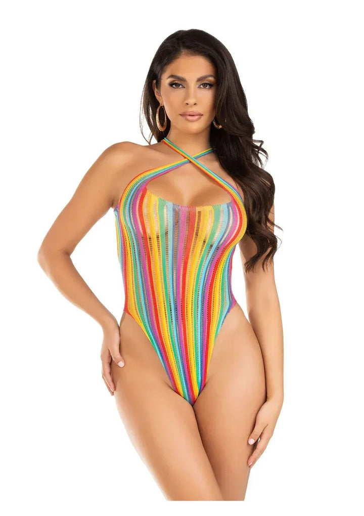 Leg Avenue Rainbow Stripe Cross-Over Halter Bodysuit | bodysuit - Leg Avenue | SIN&LACE