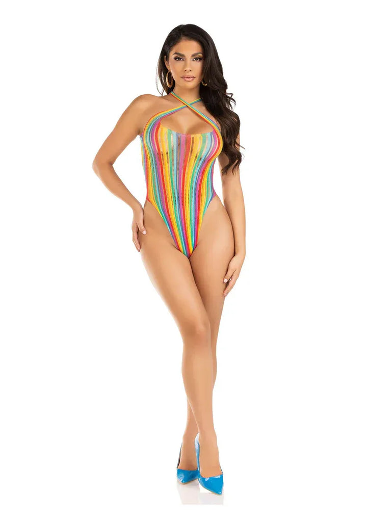 Leg Avenue Rainbow Stripe Cross-Over Halter Bodysuit | bodysuit - Leg Avenue | SIN&LACE