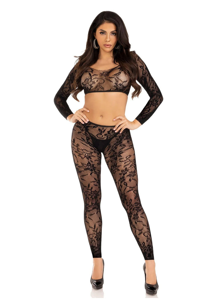 Leg Avenue Lace croptop en Footless Tights Zwart | Bh- & slipsets - Leg Avenue | SIN&LACE
