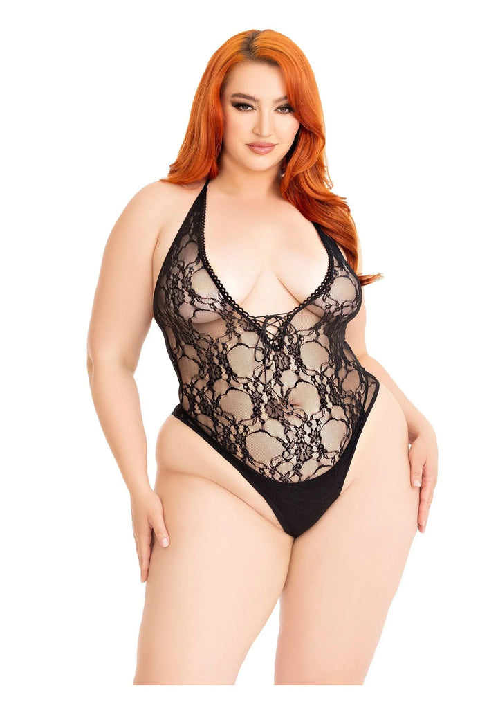 Leg Avenue Plus Floral Lace Deep-V Bodysuit Zwart | Bodysuits - Leg Avenue | SIN&LACE