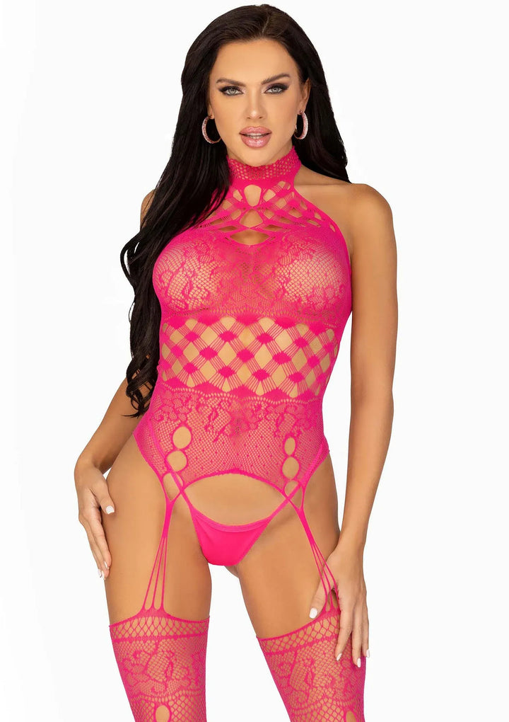Jarretel Bodystocking met Halternek Roze | Bodystocking - Leg Avenue | SIN&LACE