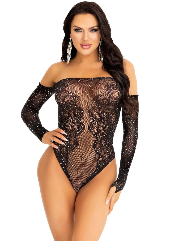 Leg Avenue Rhinestone Off The Shoulder Bodysuit Zwart | bodysuit - Leg Avenue | SIN&LACE