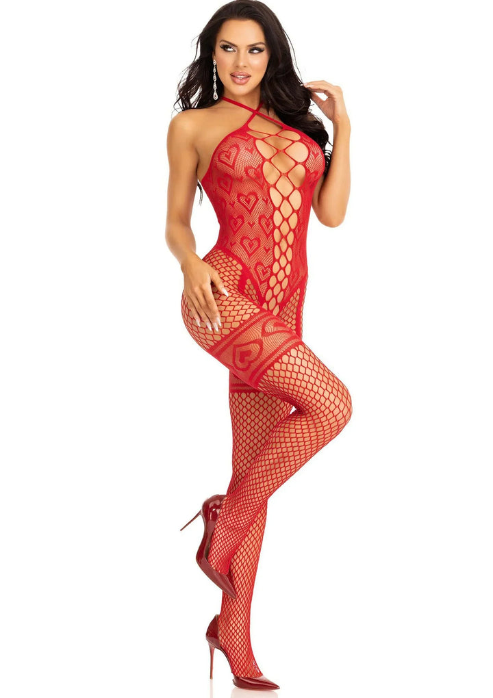 Leg Avenue Heart Net Halter Bodystocking Bodysuit Rood | bodysuit - Leg Avenue | SIN&LACE