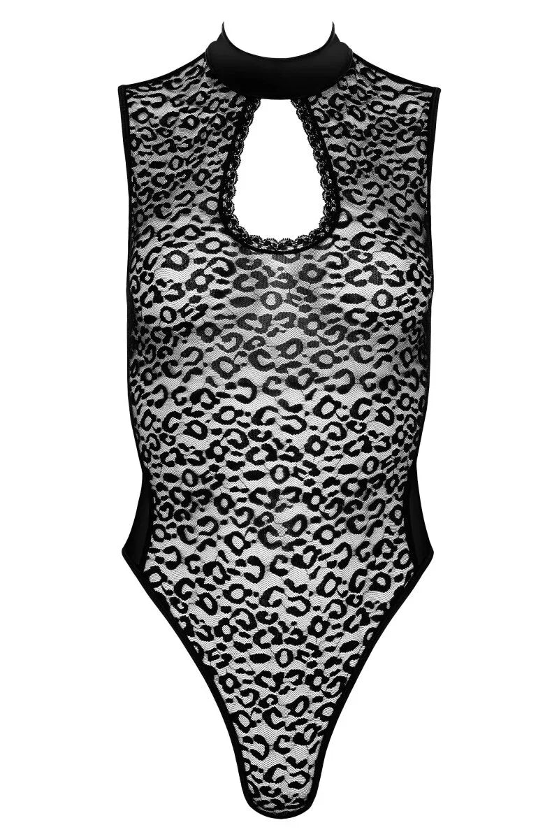 Luipaardkanten zwarte bodysuit met wetlook rug