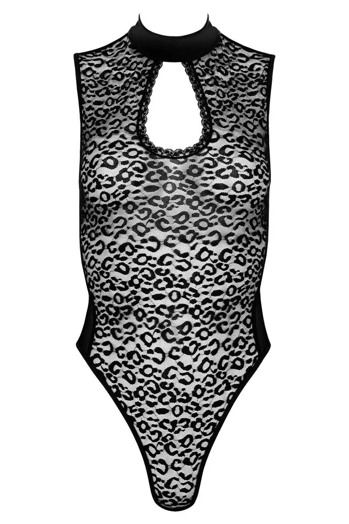 Luipaardkanten zwarte bodysuit met wetlook rug