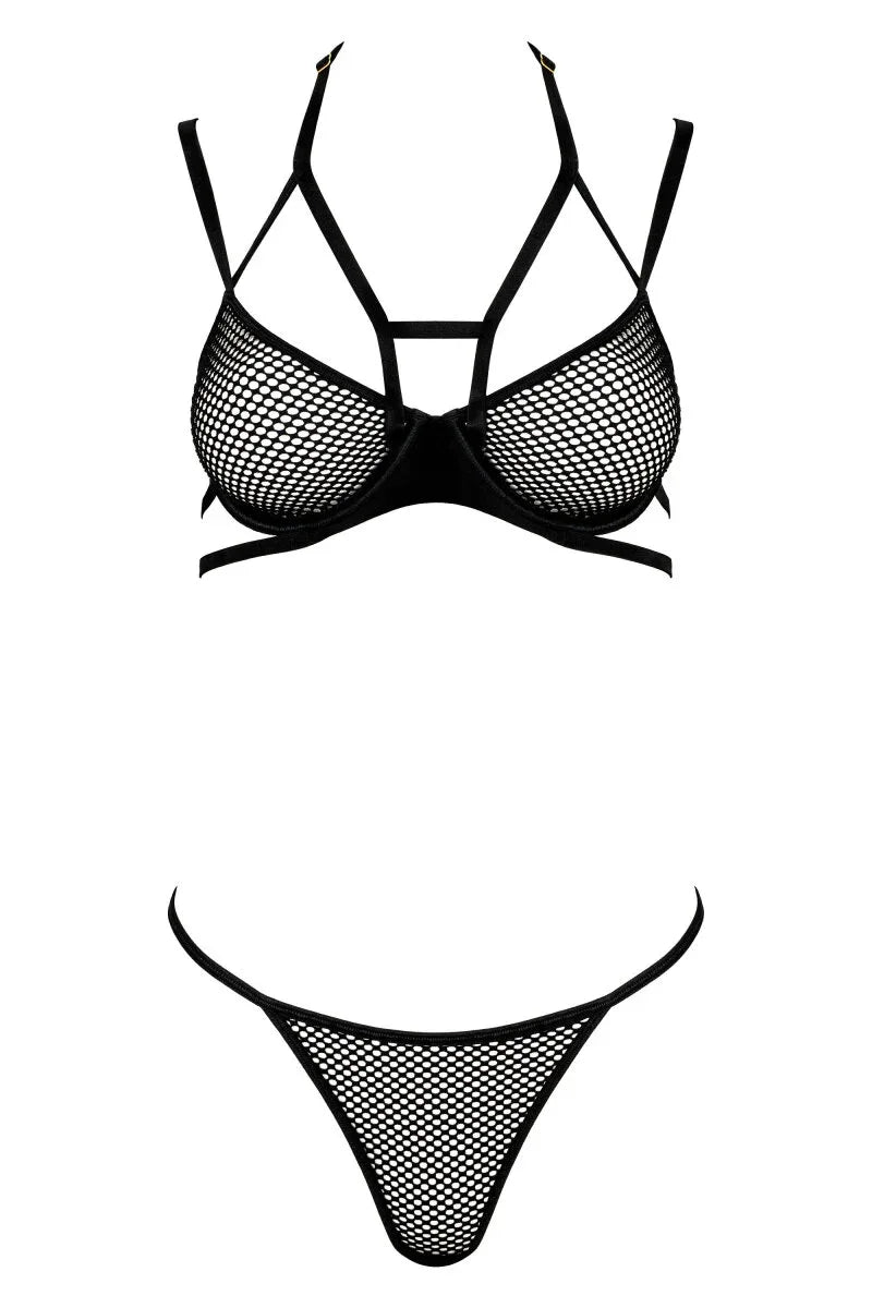 Mesh lingerieset met halterbh en string