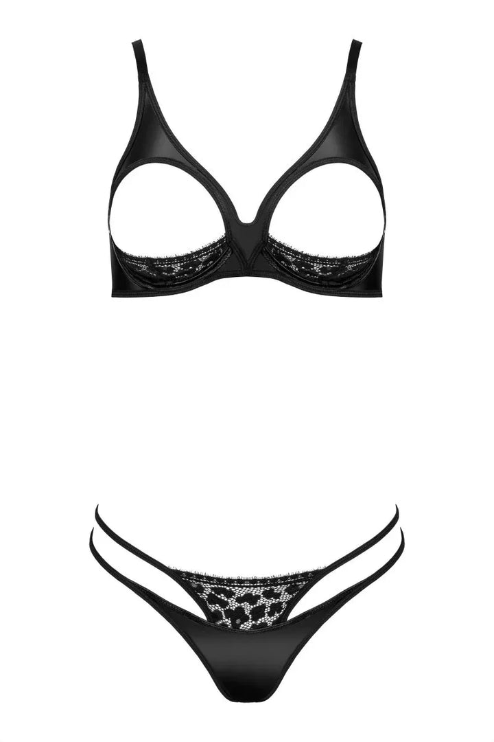 Wetlook en kanten open cup bh set